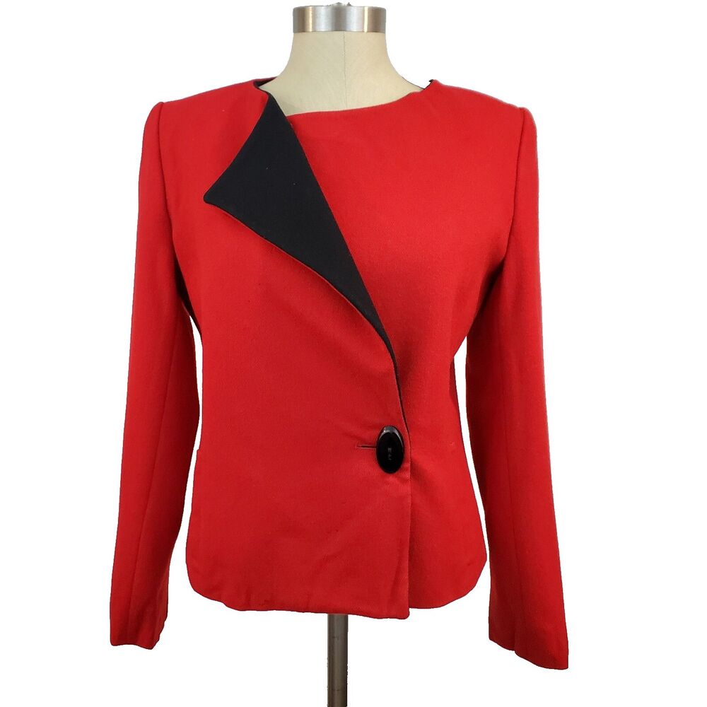VTG 80s Jim Baldwin Asymmetric Red Wool Blazer Jacket 8 USA Vampy Office Siren